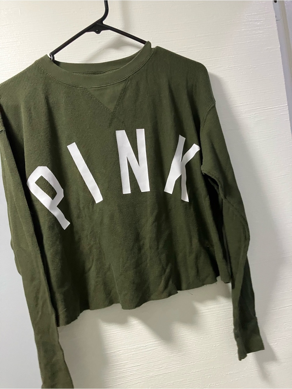 PINK Victoria's Secret Olive Green Cropped Long Sleeve Top with White Logo